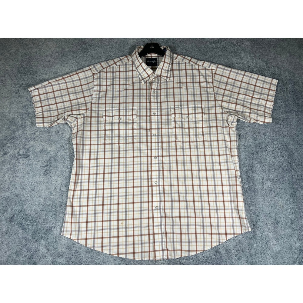 Wrangler Mens XXL Plaid Western Pearl Snap Short Sleeve Shirt Brown Tan Blue